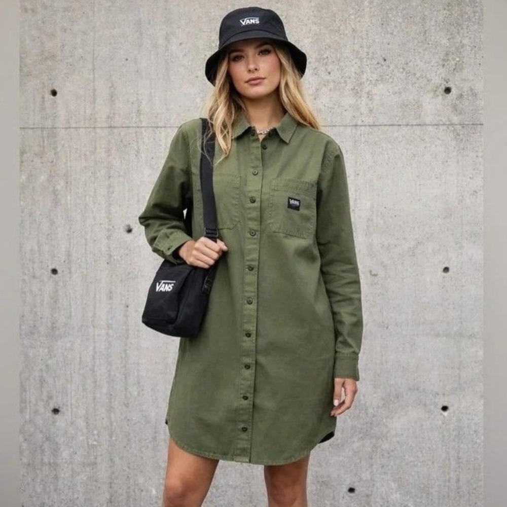 Vans Shirt Dress XS Olive Green Utility Button Front 100% Cotton Long Sleeve